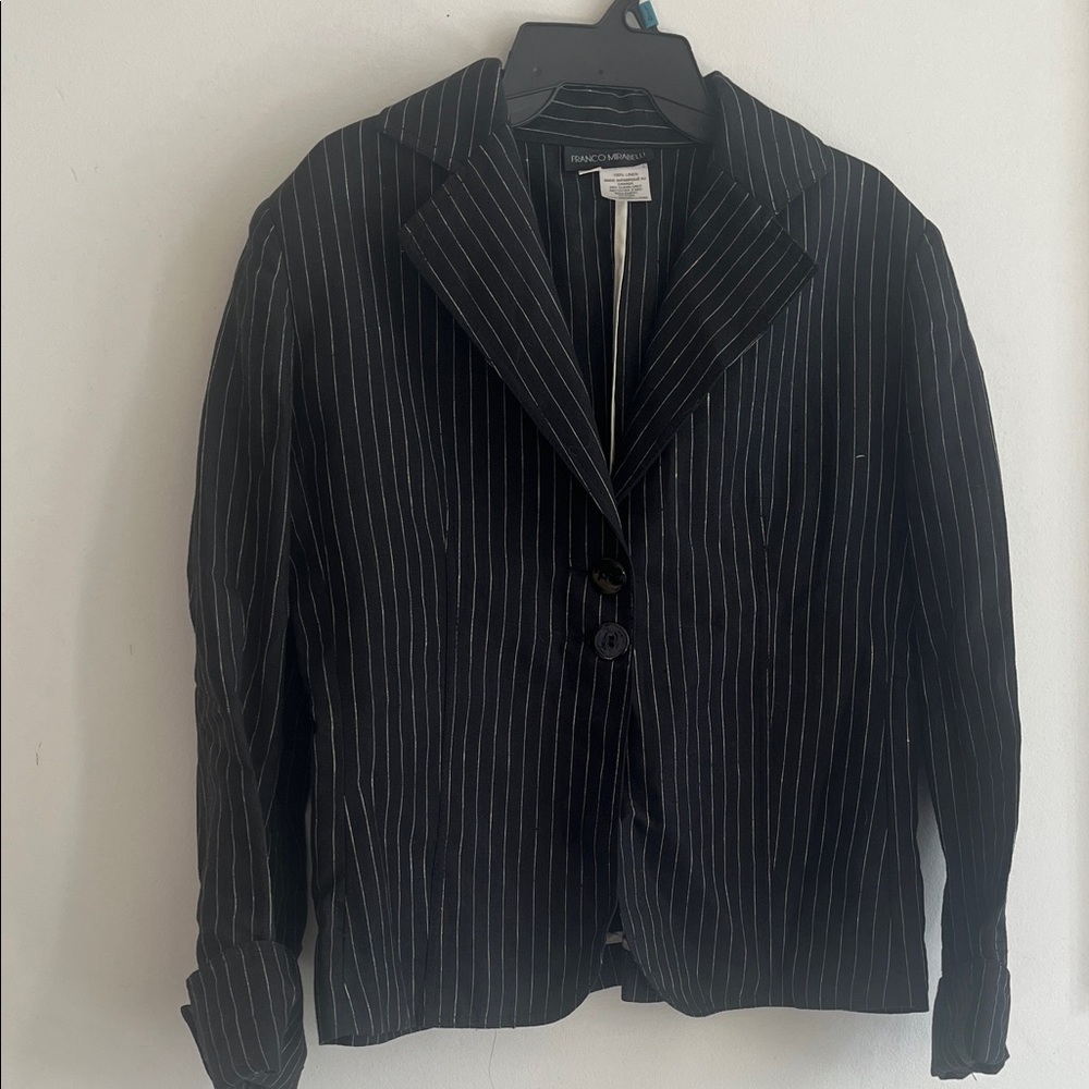 Linen Black Pinstripe Blazer with shoulder padding
